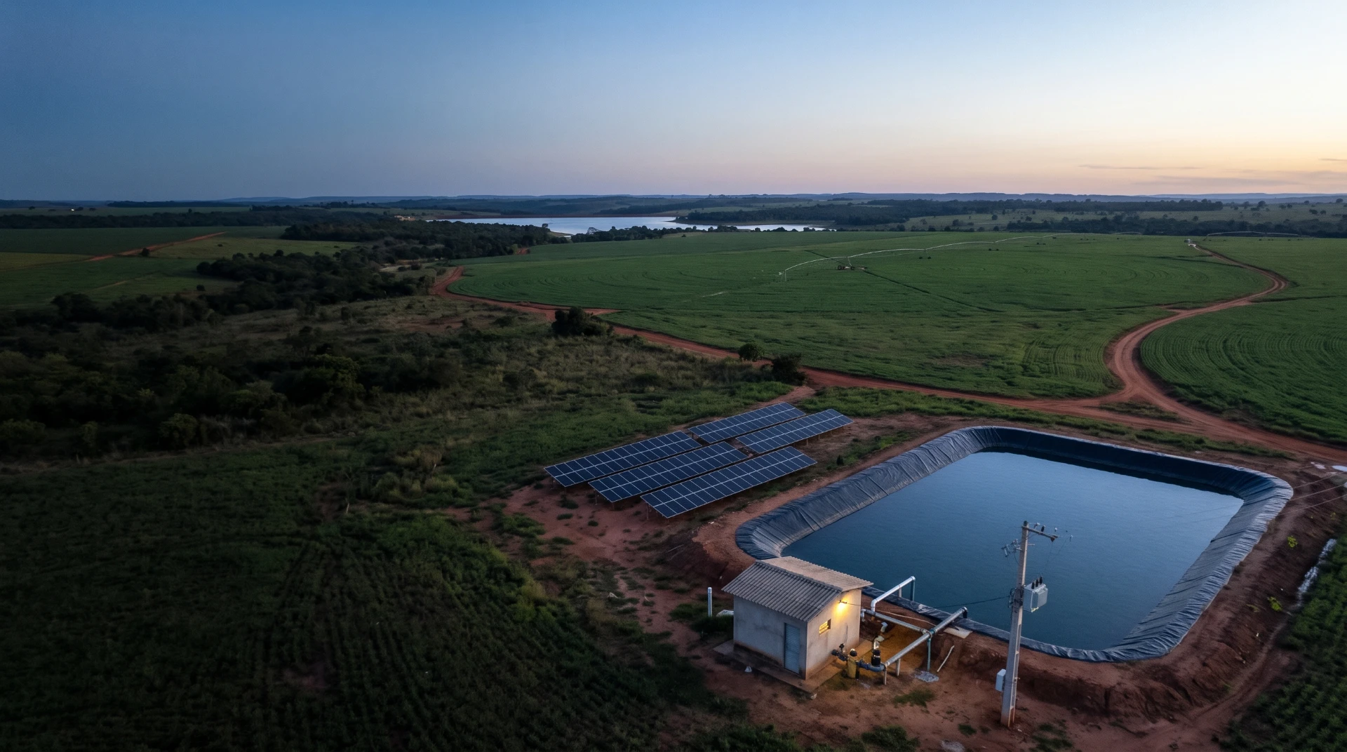 Imagem ilustrativa de fazenda com reservatório de água e geração solar
